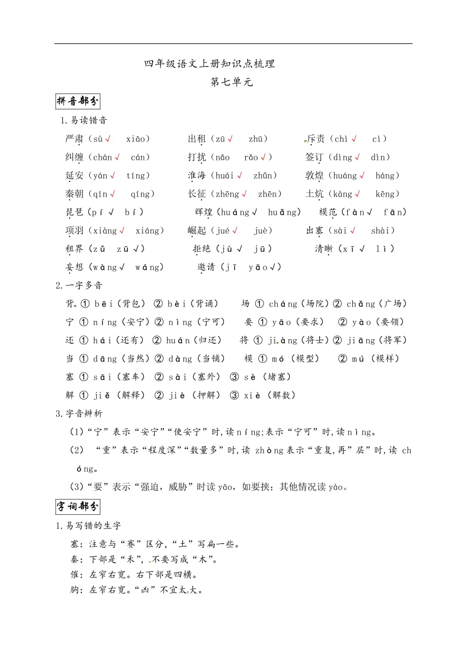 2020年小学四年级语文上册第七单元知识点汇总_第1页