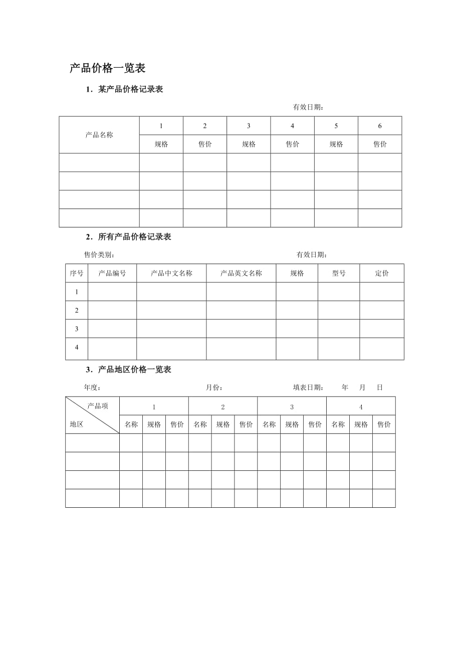 产品管理产品规划产品价格一览表_第1页