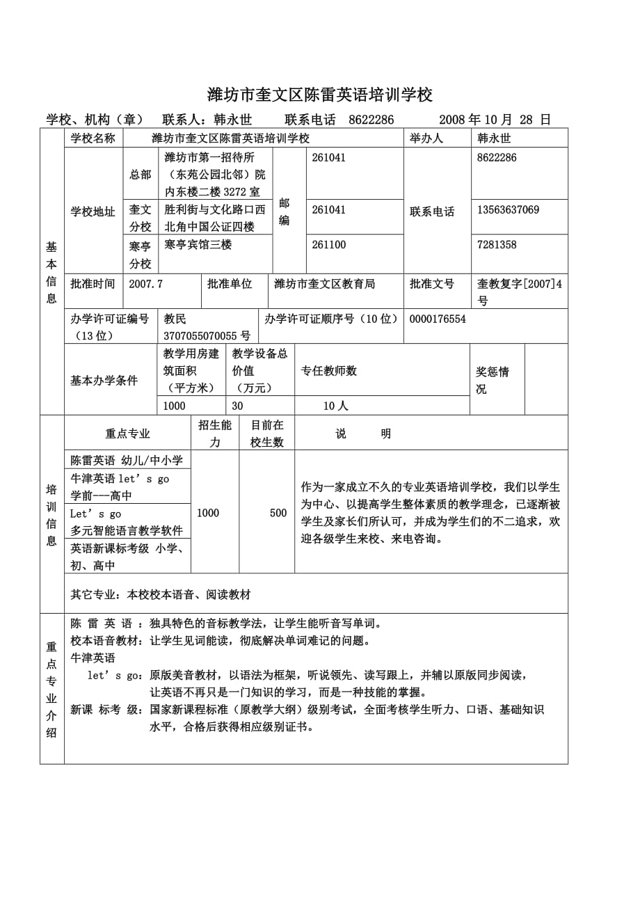 {企业通用培训}潍坊陈雷英语培训学校情况简介._第1页