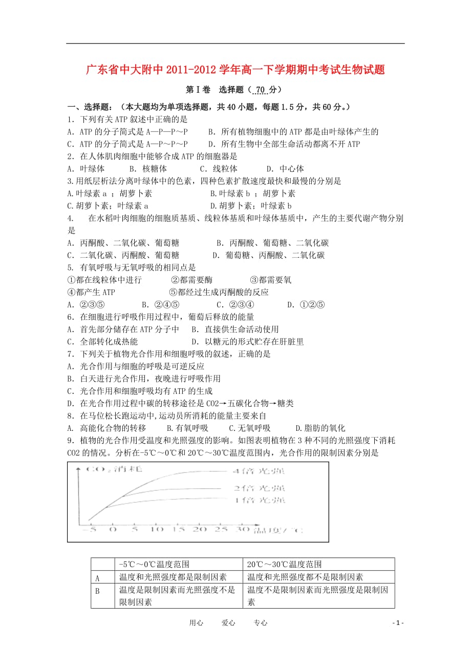 广东省中大附中2011-2012学年高一生物下学期期中考试试题【会员独享】.doc_第1页