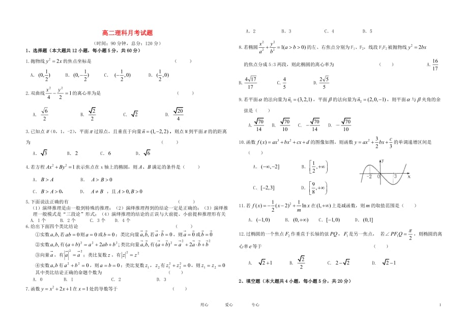 黑龙江省绥棱一中2011-2012学年高二数学下学期3月月考 理【会员独享】.doc_第1页