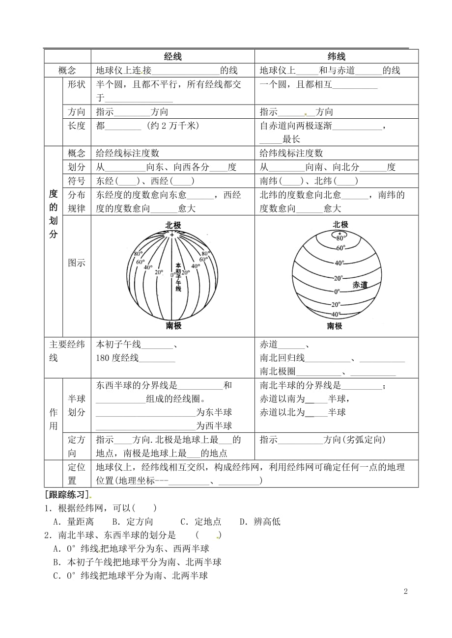 七年级地理上册 2.1 认识地球学案（无答案） 湘教版.doc_第2页