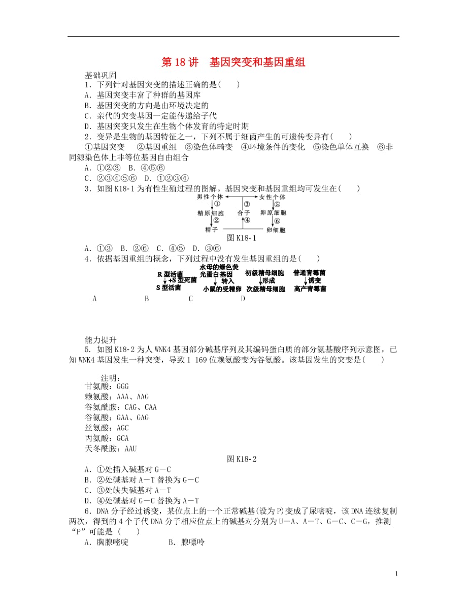 2014届高考生物一轮复习方案 第18讲 基因突变和基因重组（含详解）配套作业 浙科版.doc_第1页