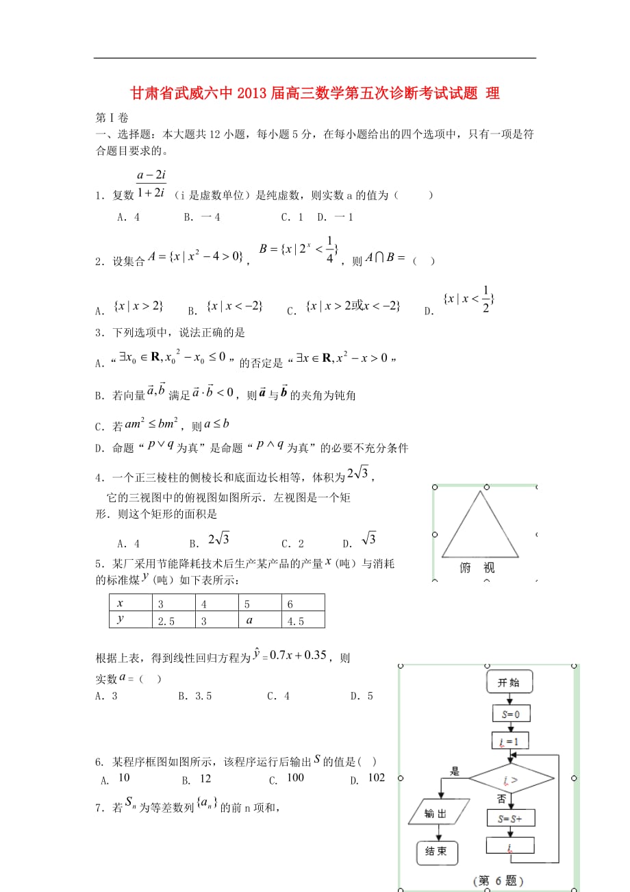 甘肃省武威六中2013届高三数学第五次诊断考试试题 理.doc_第1页