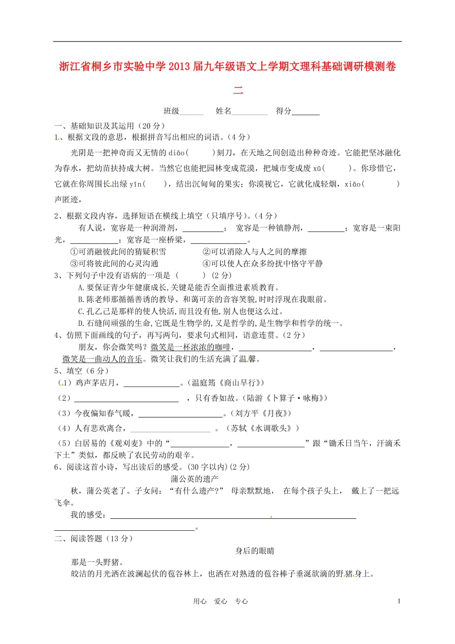 浙江省桐乡市2013届九年级语文上学期文理科基础调研模测卷二.doc_第1页