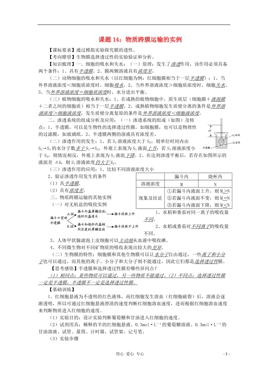 高中生物复习精讲精练 物质跨膜运输的实例.doc_第1页