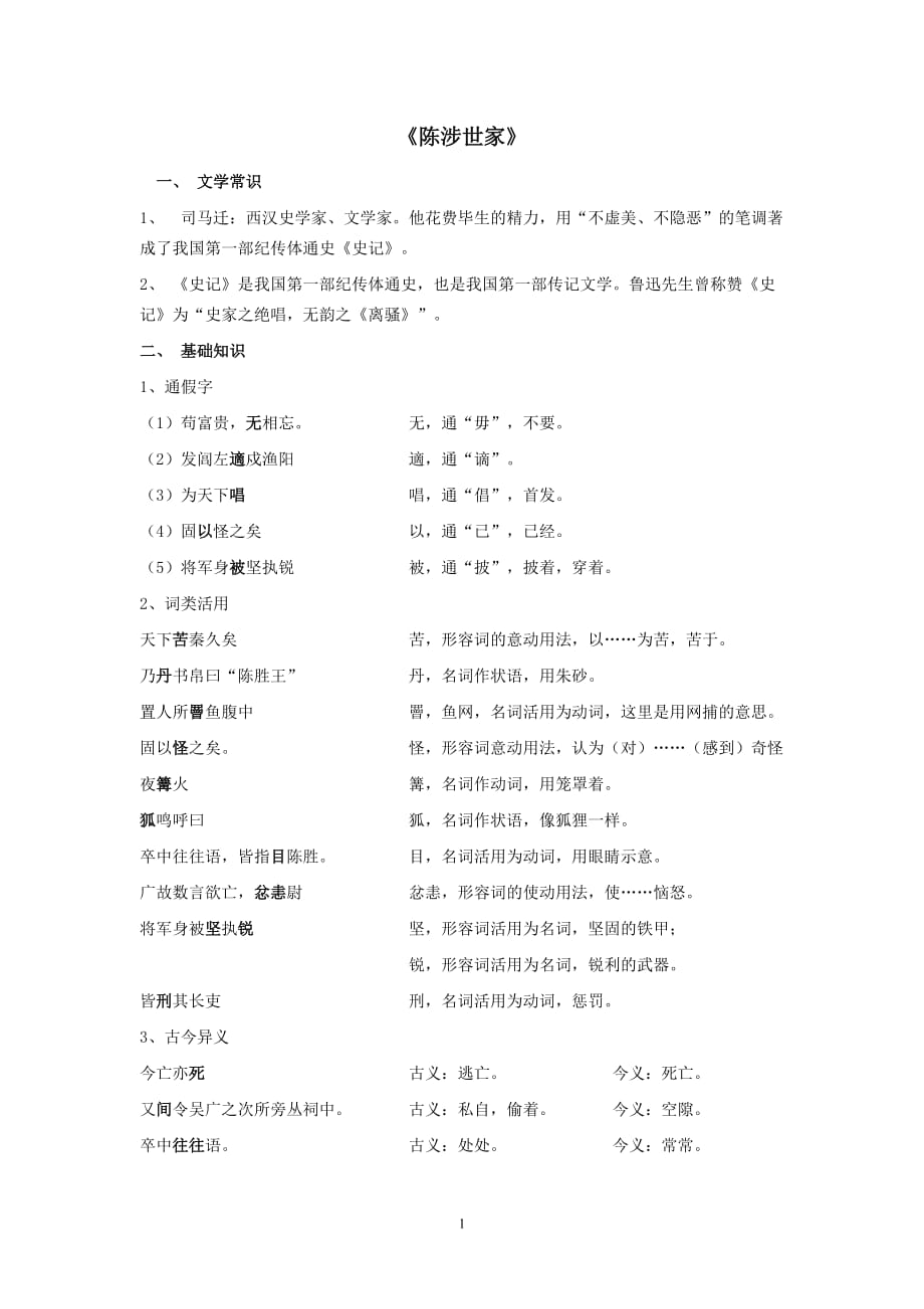 《陈涉世家》超全复习资料(字词逐句翻译课文理解拓展)_第1页