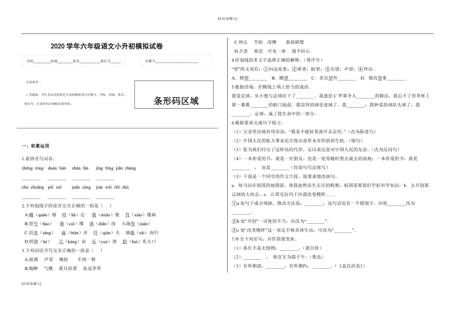 【名师预测】2020小升初语文模拟试卷（九）（有答案）_第1页