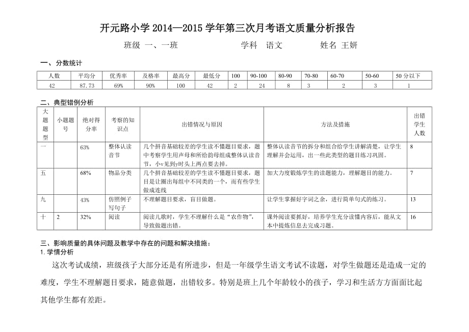 一、一班第三次月考语文质量分析表.doc_第1页