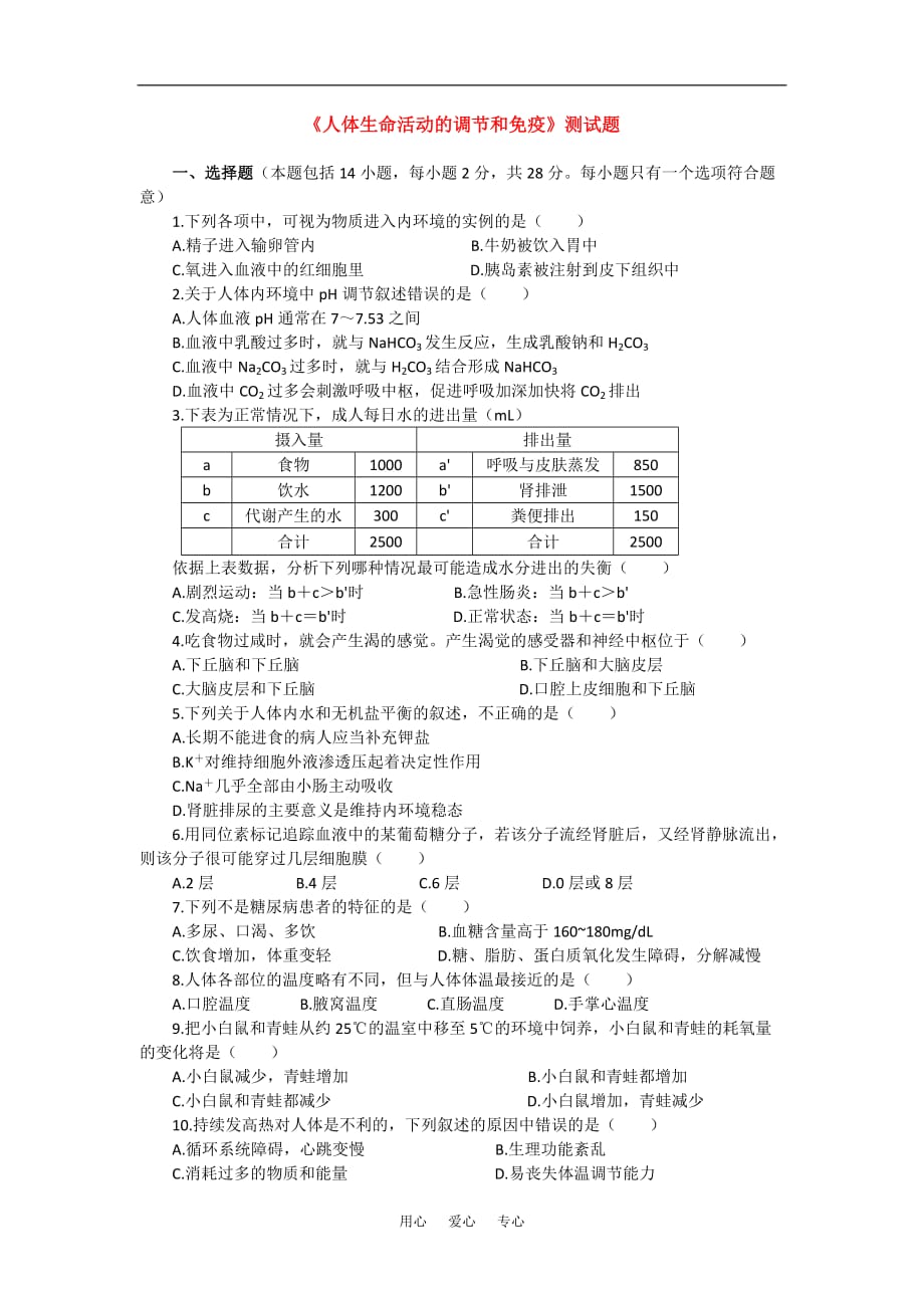 高三生物复习练习：人体生命活动的调节和免疫旧人教版.doc_第1页