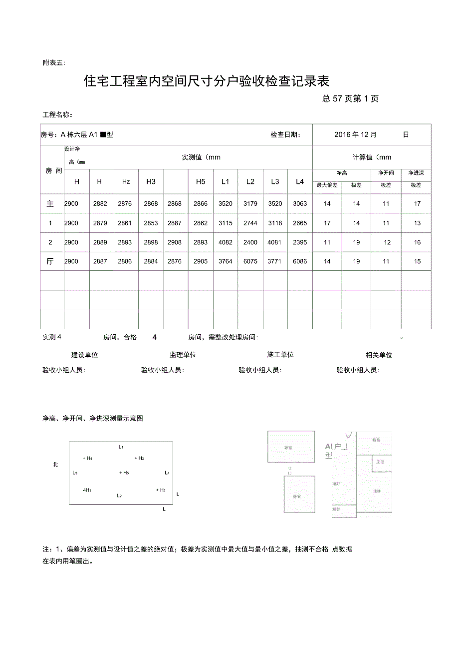 202X年住宅工程室内空间尺寸分户验收检查记录表_第1页