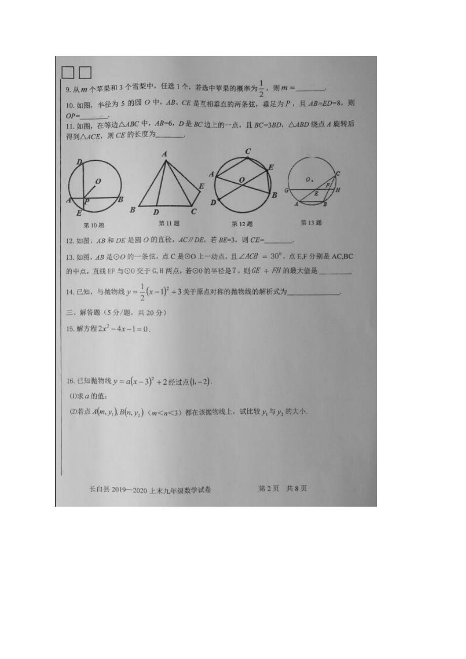 2019-2020吉林白山长白县九年级上学期期末考试 数学试题_第2页