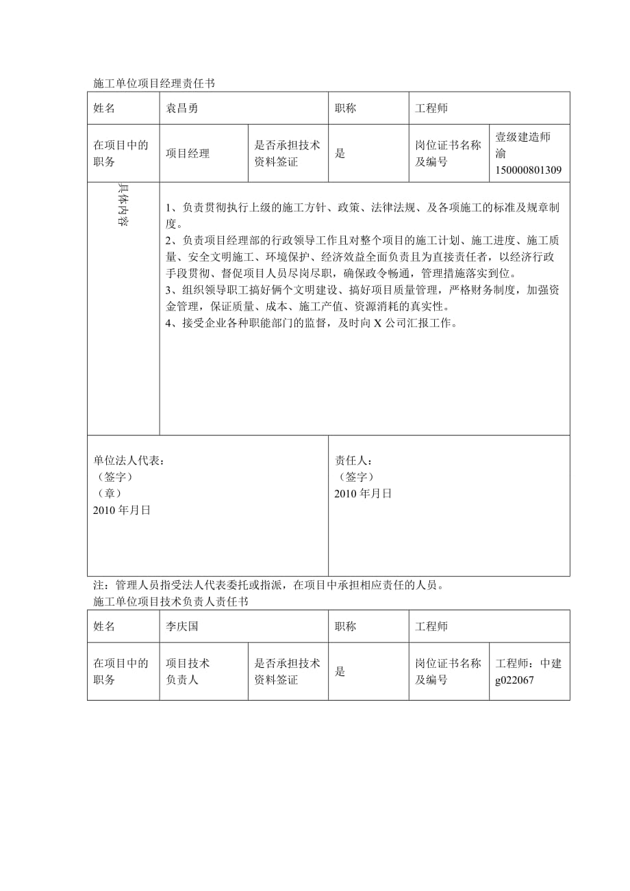 建筑工程管理YFBJ施工单位有关人员责任书_第2页