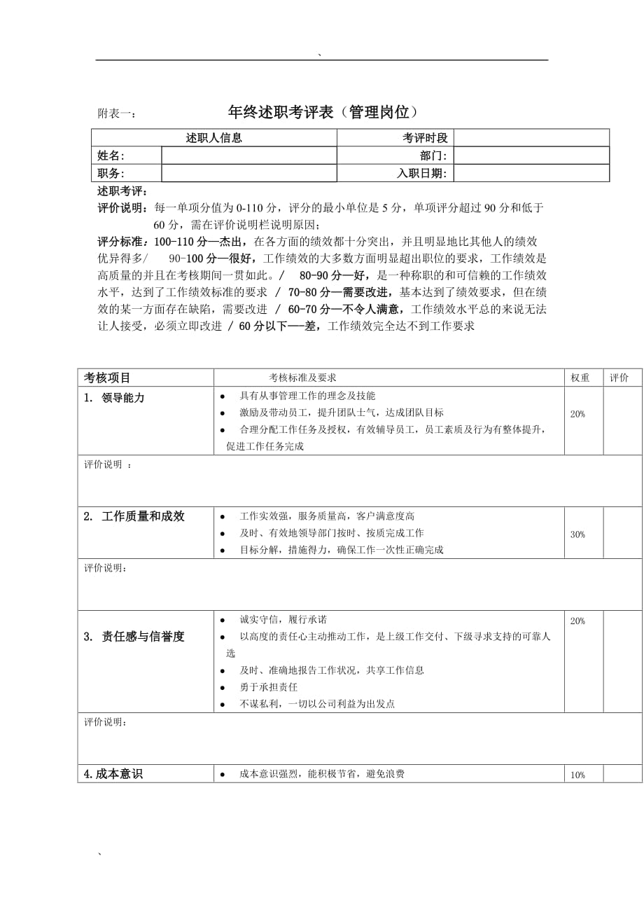 年度报告附表一述职评价表管理岗位_第1页