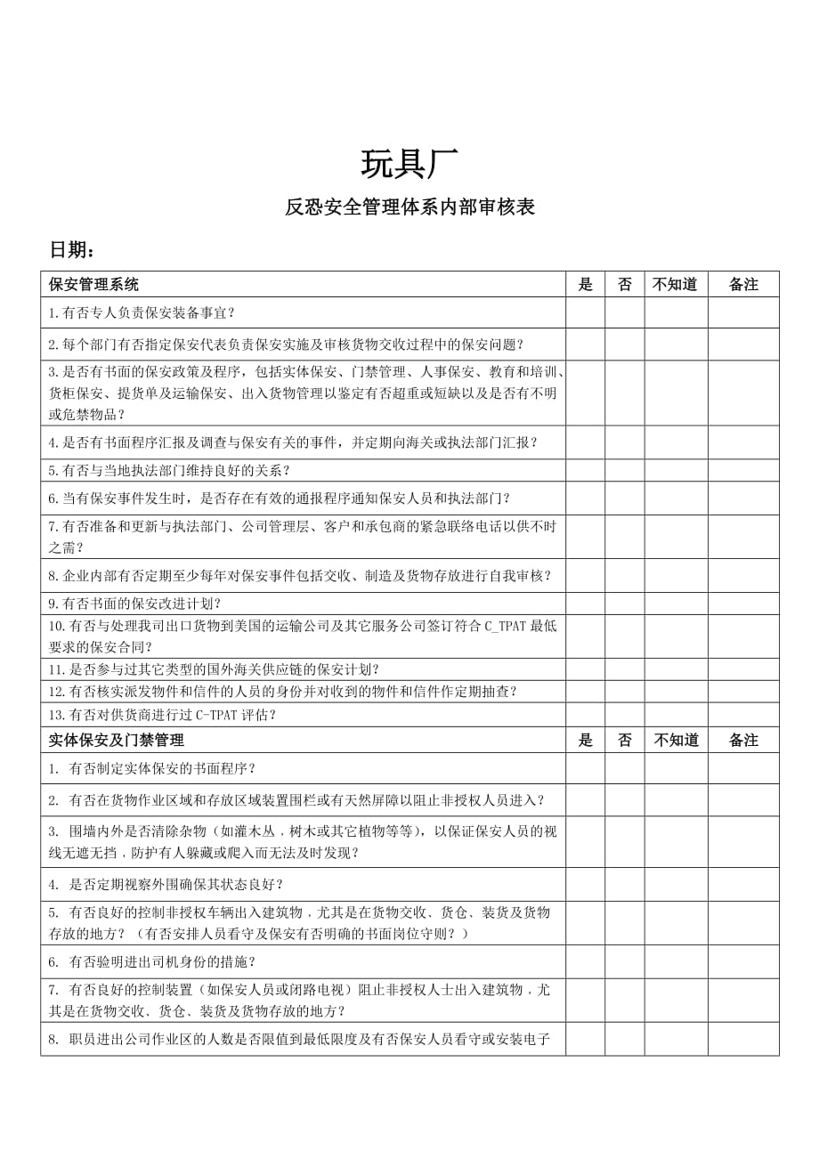 内部管理玩具厂反恐安全管理体系内部审核表_第1页