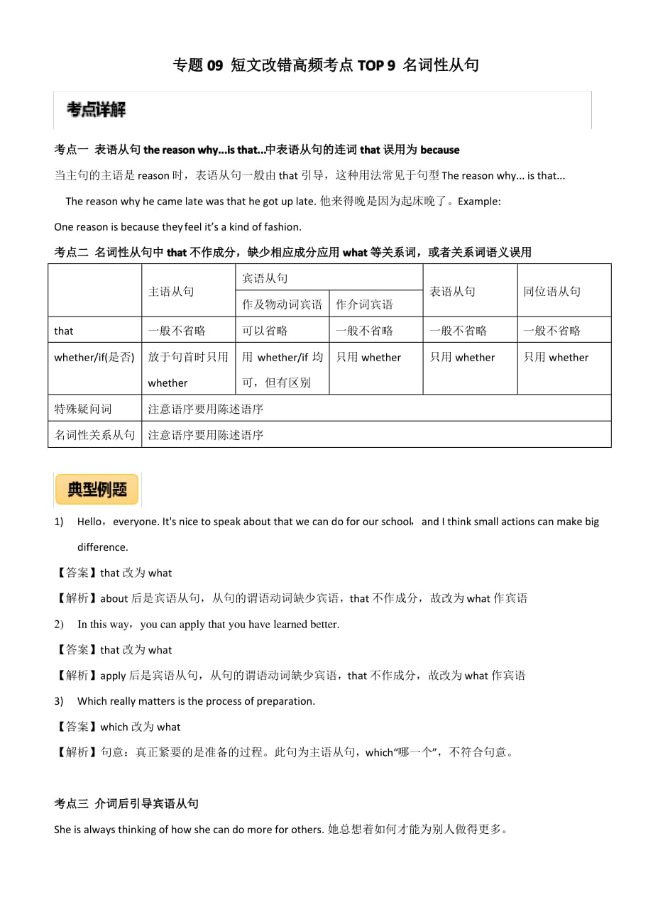 2020年高考英语短文改错高频考点9：名词性从句附答案_第1页