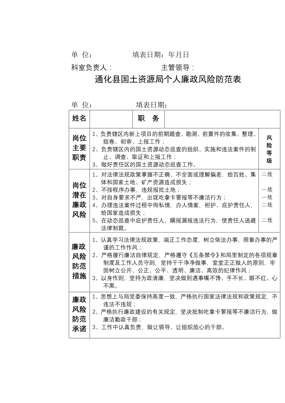 企业风险管理县国土资源局个人廉政风险防范表各岗位各部门_第2页