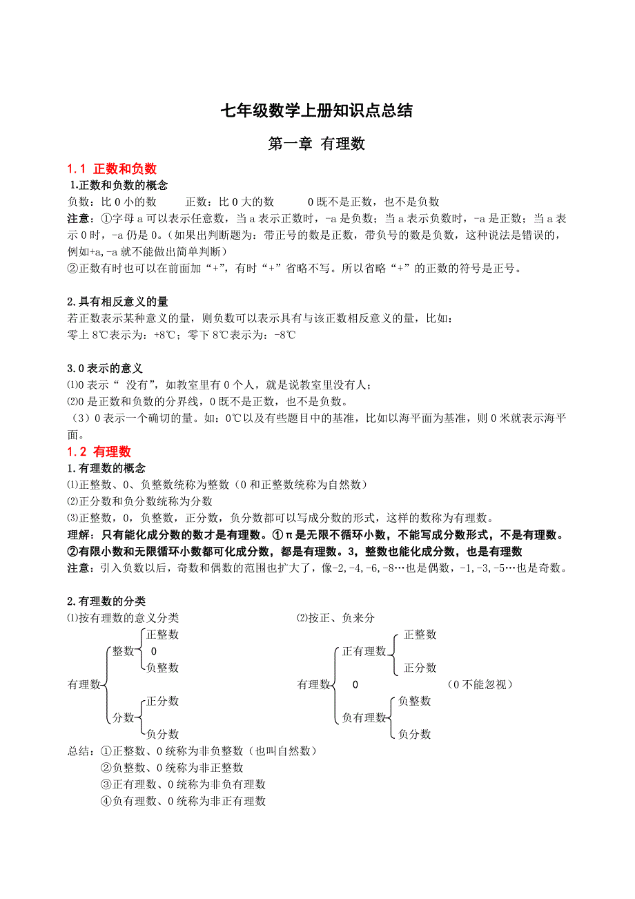 人教版七年级上册数学期中复习提纲_第1页