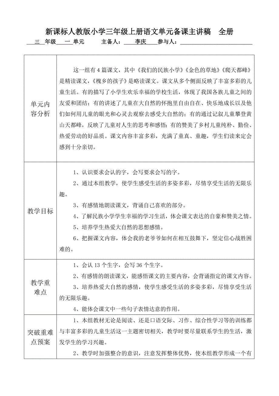 (2020年)口才演讲新课标人教版小学三年级上册语文单元备课主讲稿全册_第1页