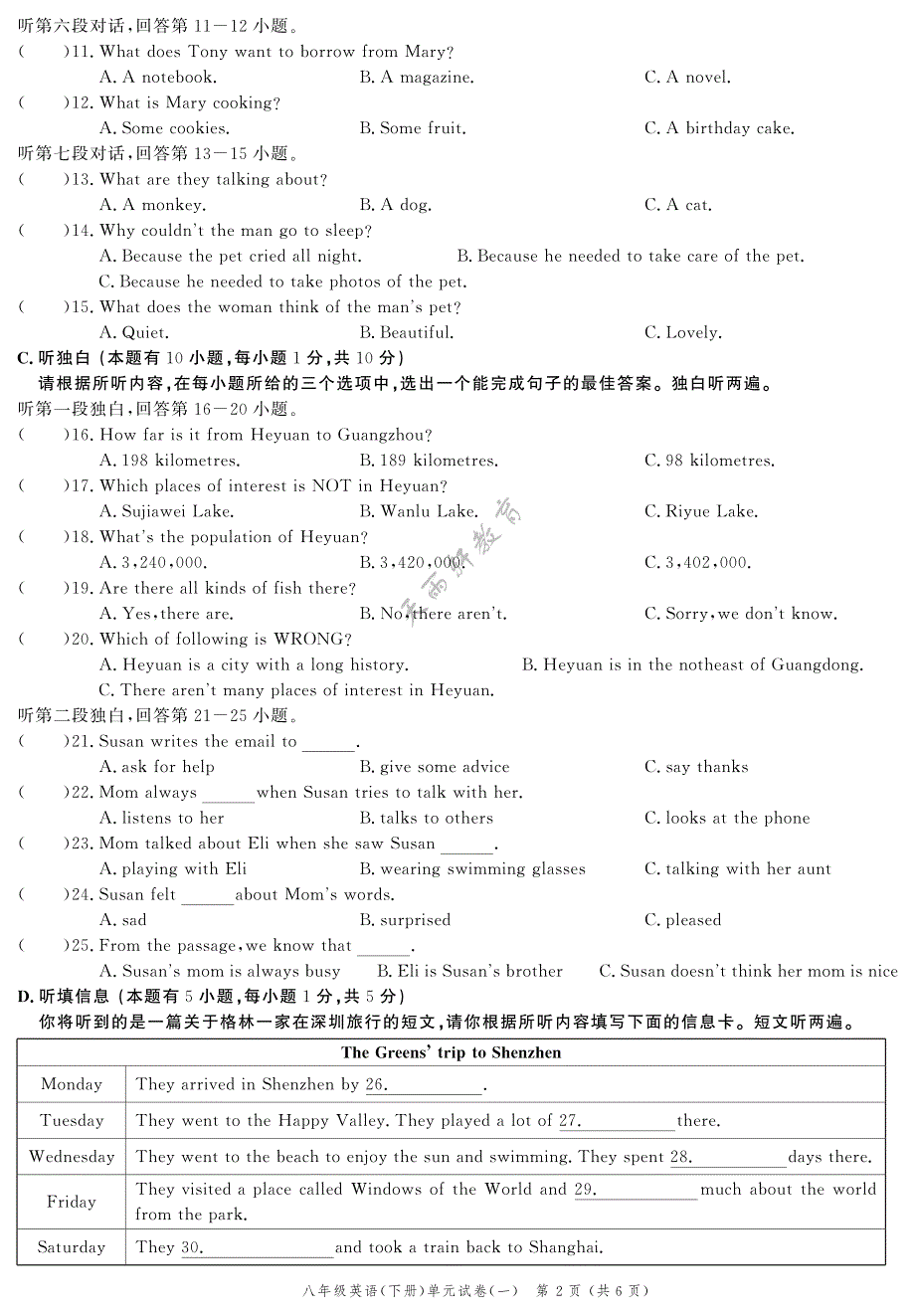 2020春《创新作业》八年级英语下册单元试卷（一）~（四）（中）（同步练习）_第2页