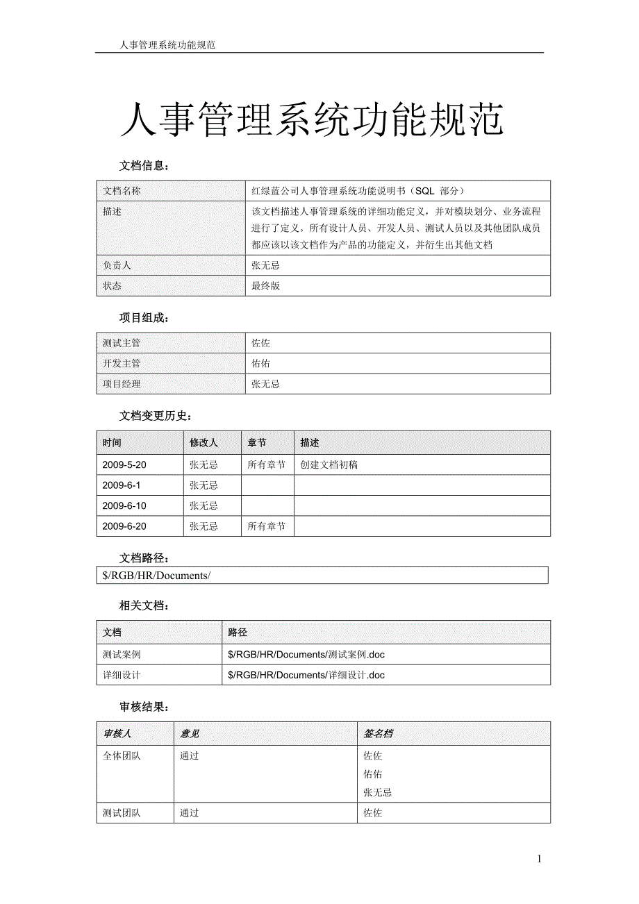 人事管理系统功能规范及SQL数据库设计方案_第1页