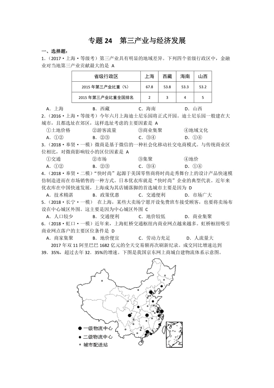 专题24第三产业与经济发展(等级考试题)_第1页