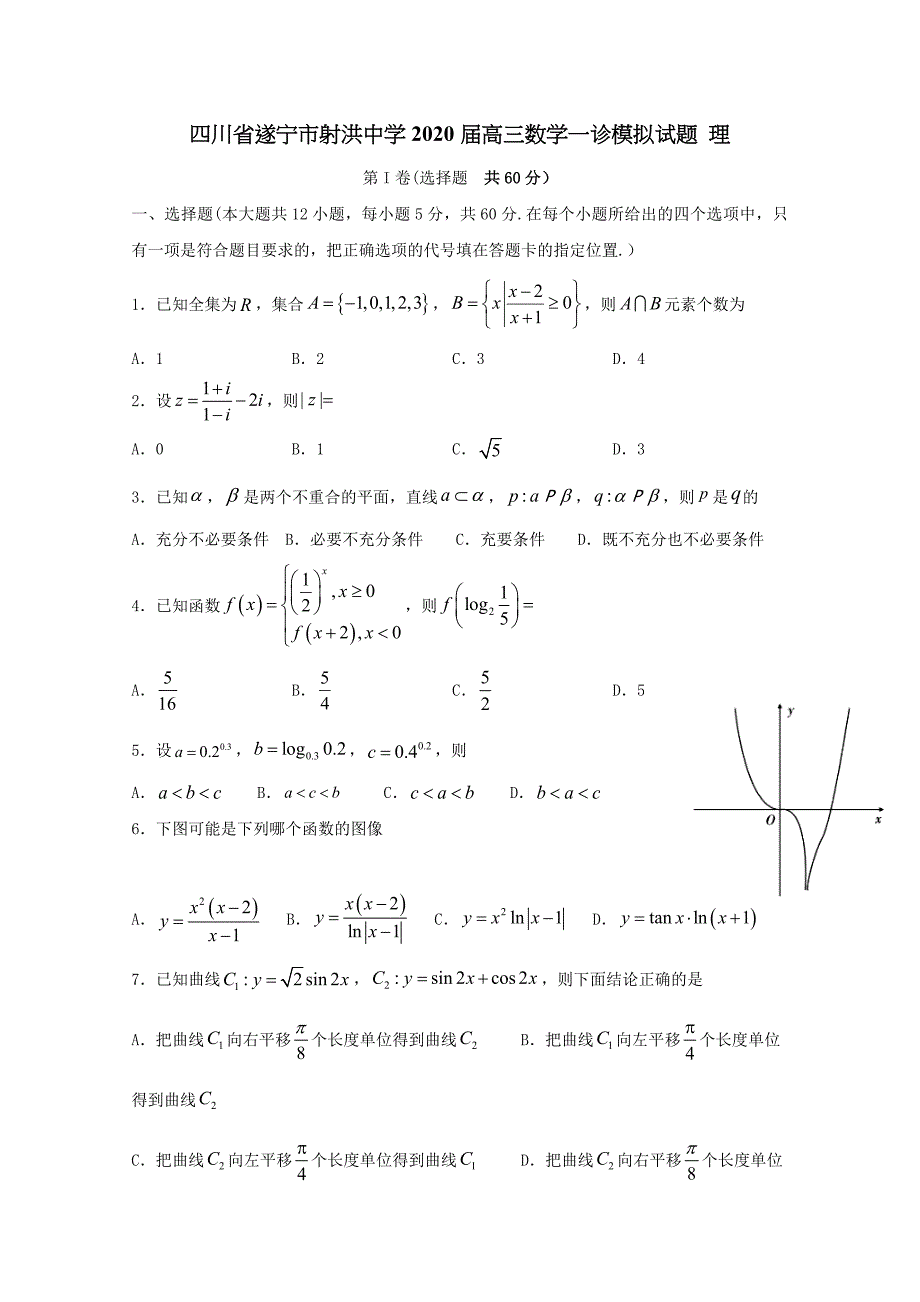 四川省遂宁市射洪中学2020届高三数学一诊模拟试题理【含答案】_第1页