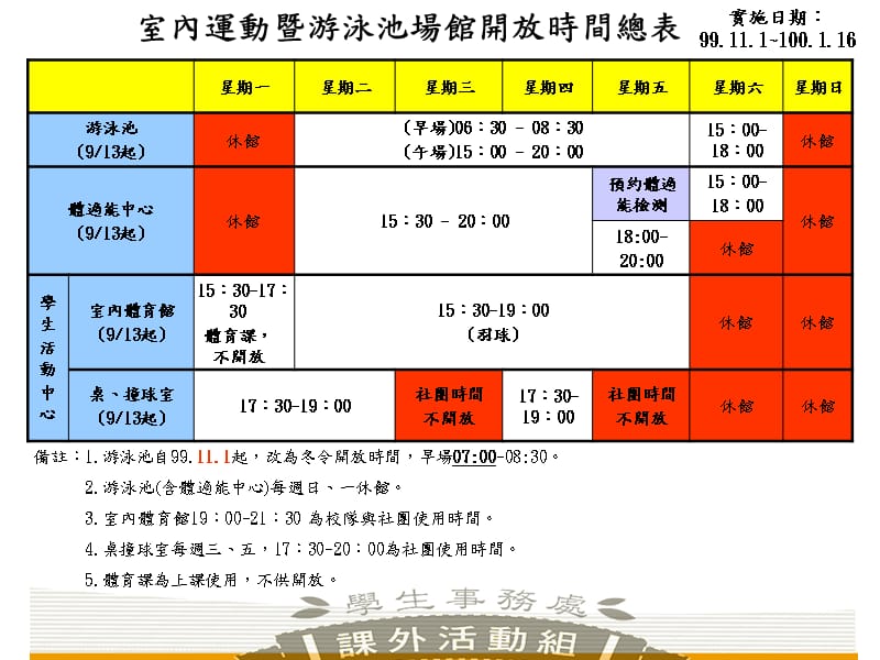 室内运动暨游泳池场馆开放时间总表教学文案_第1页