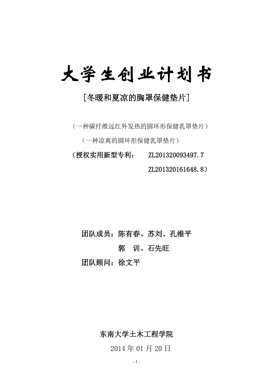 商业计划书碳纤维胸罩保健垫片创业计划书文摘_第1页