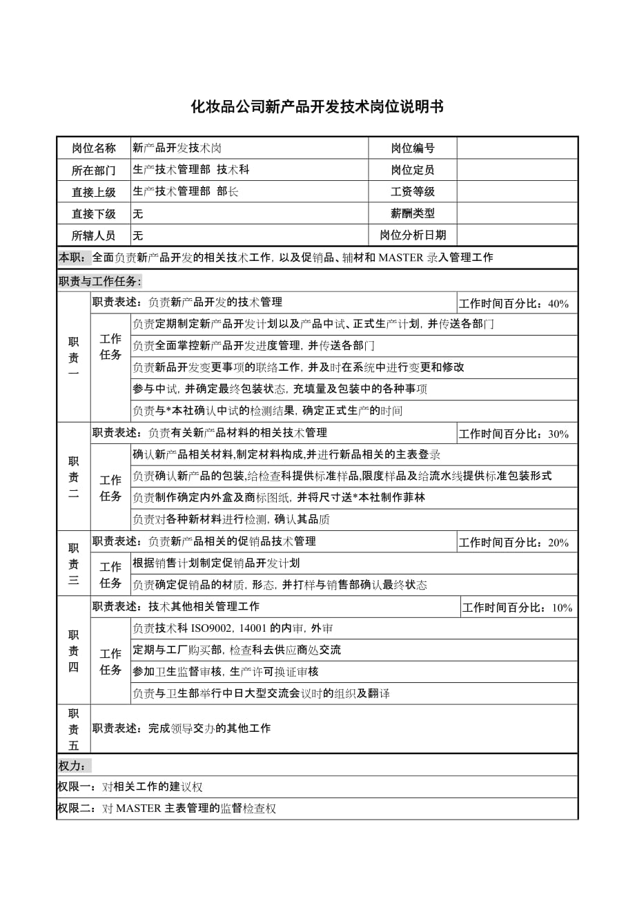 (2020年)产品管理产品规划化妆品公司新产品开发技术岗位说明书_第1页