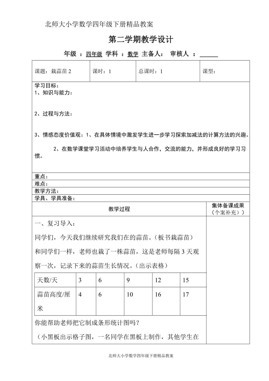 北师大小学数学四年级下册《6.3栽蒜苗（二）》精品教案_第1页