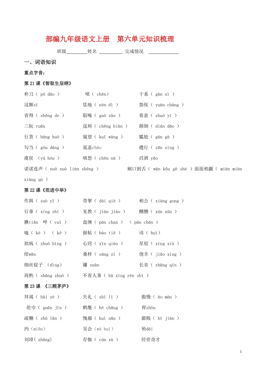 [荐]2021人教九年级语文上第6单元知识梳理+检测卷_第1页