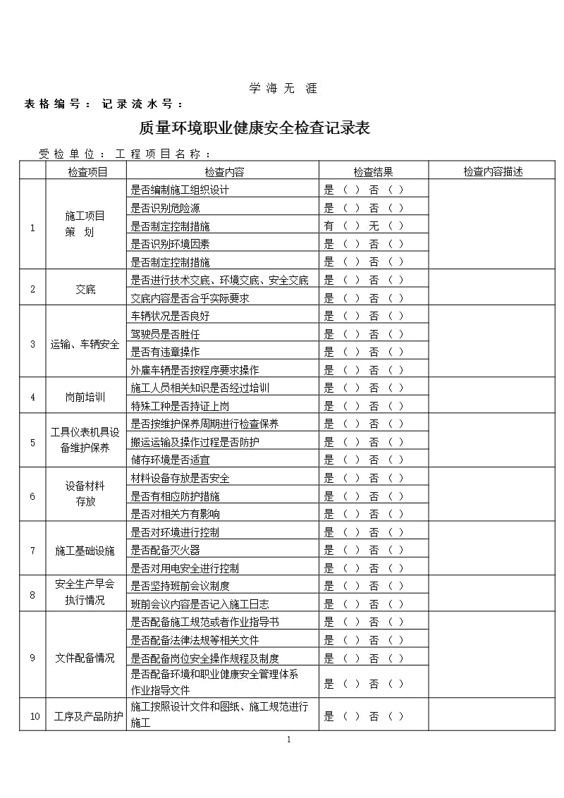 质量环境职业健康安全检查记录表(新)（2020年整理）.pptx_第1页