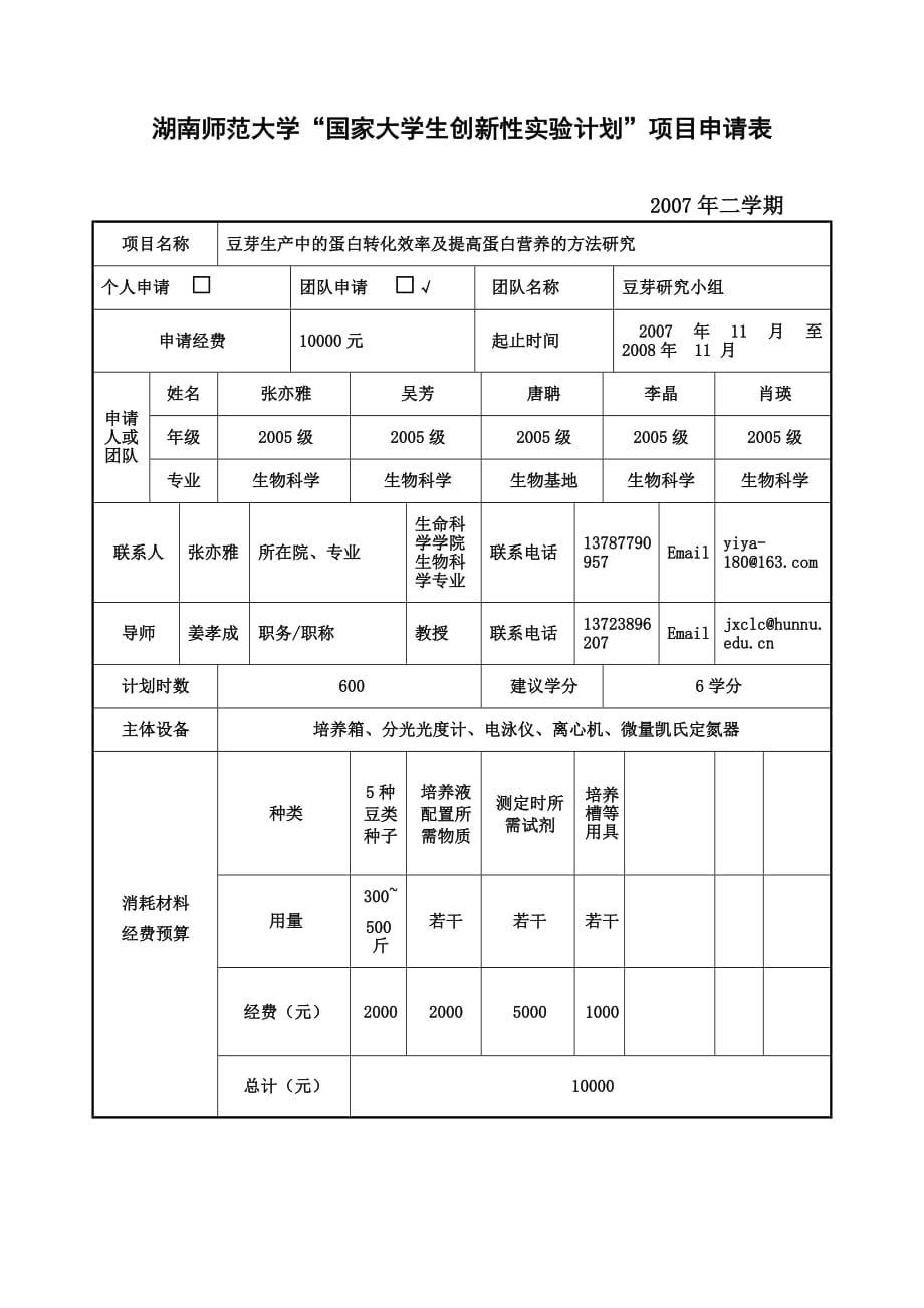 项目管理项目报告湖南师范大学国家大学生创新性实验计划项目申请表_第1页