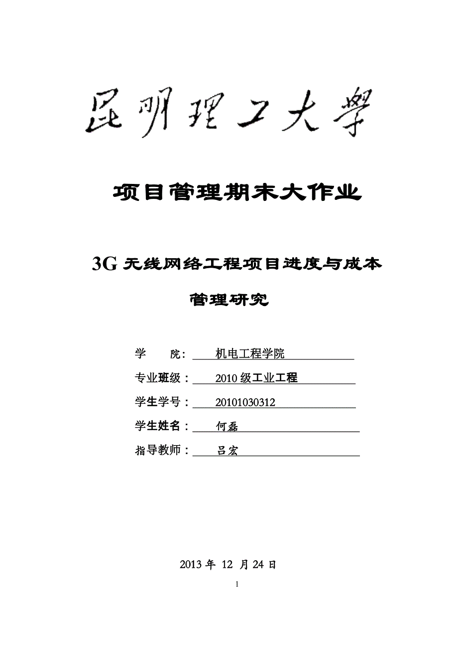 项目管理项目报告3G无线网络工程项目进度与成本管理研究_第1页