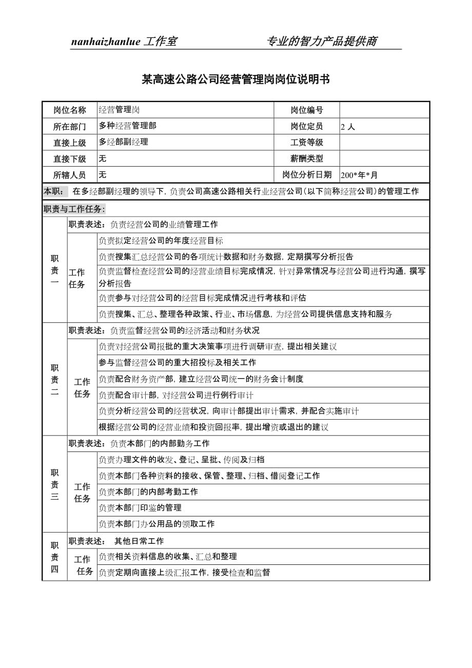 (2020年)管理运营知识某高速公路公司经营管理岗岗位说明书_第1页