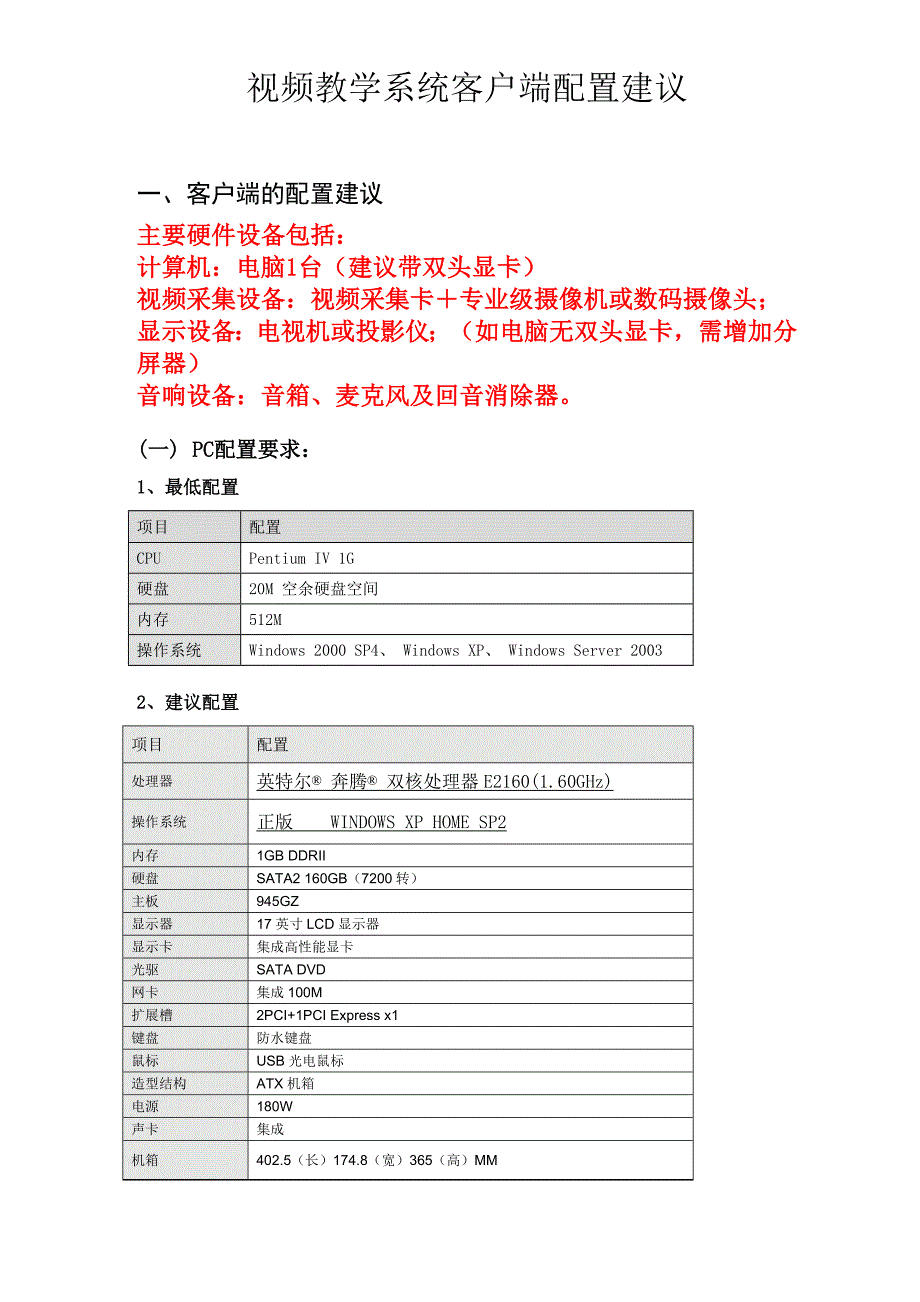 项目管理项目报告视频教学系统客户端配置建议视频教学系统项目实施要求_第1页