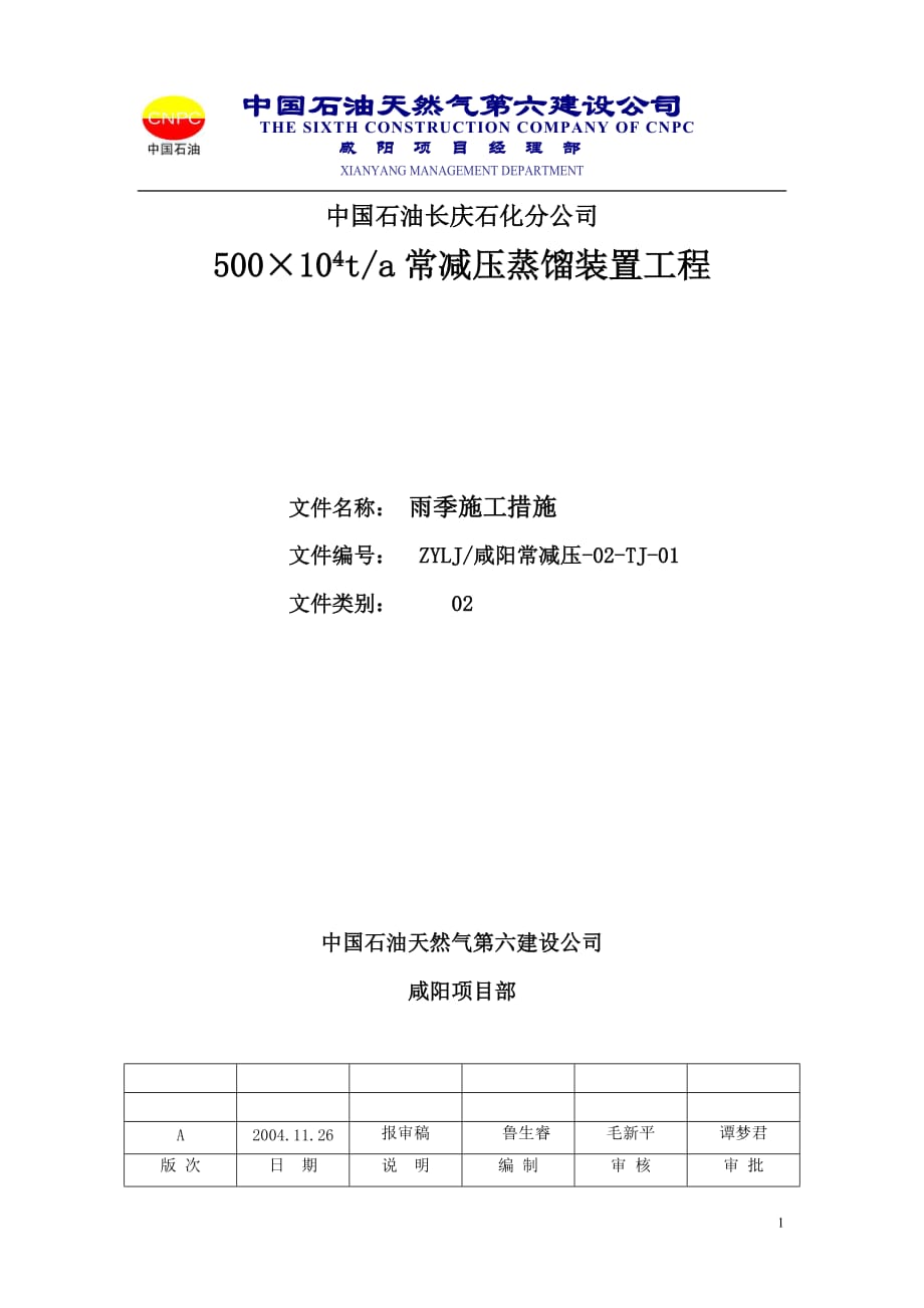 (2020年)公司治理中石油长庆石化分公司500104t常减压蒸馏装置工程雨季施工措施_第1页