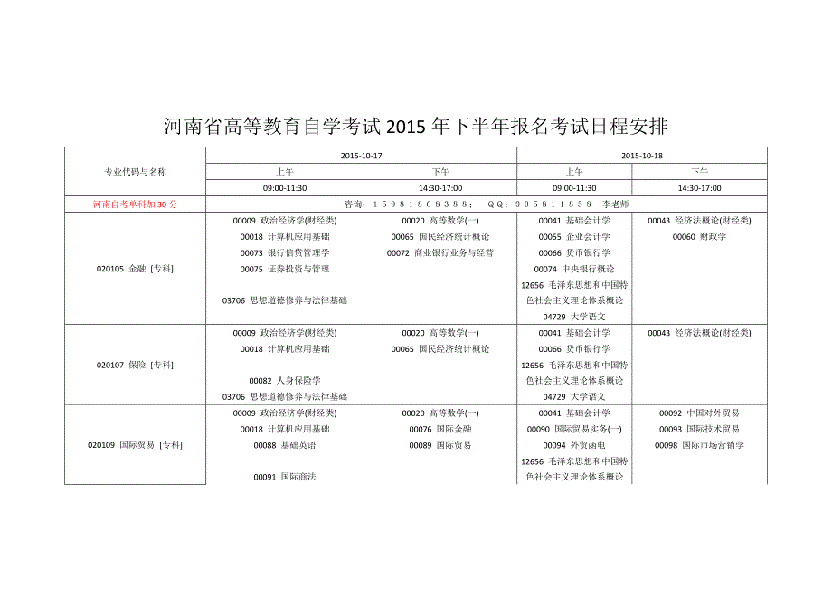 时间管理某某某年10月份河南自考科目及考试时间安排_第1页