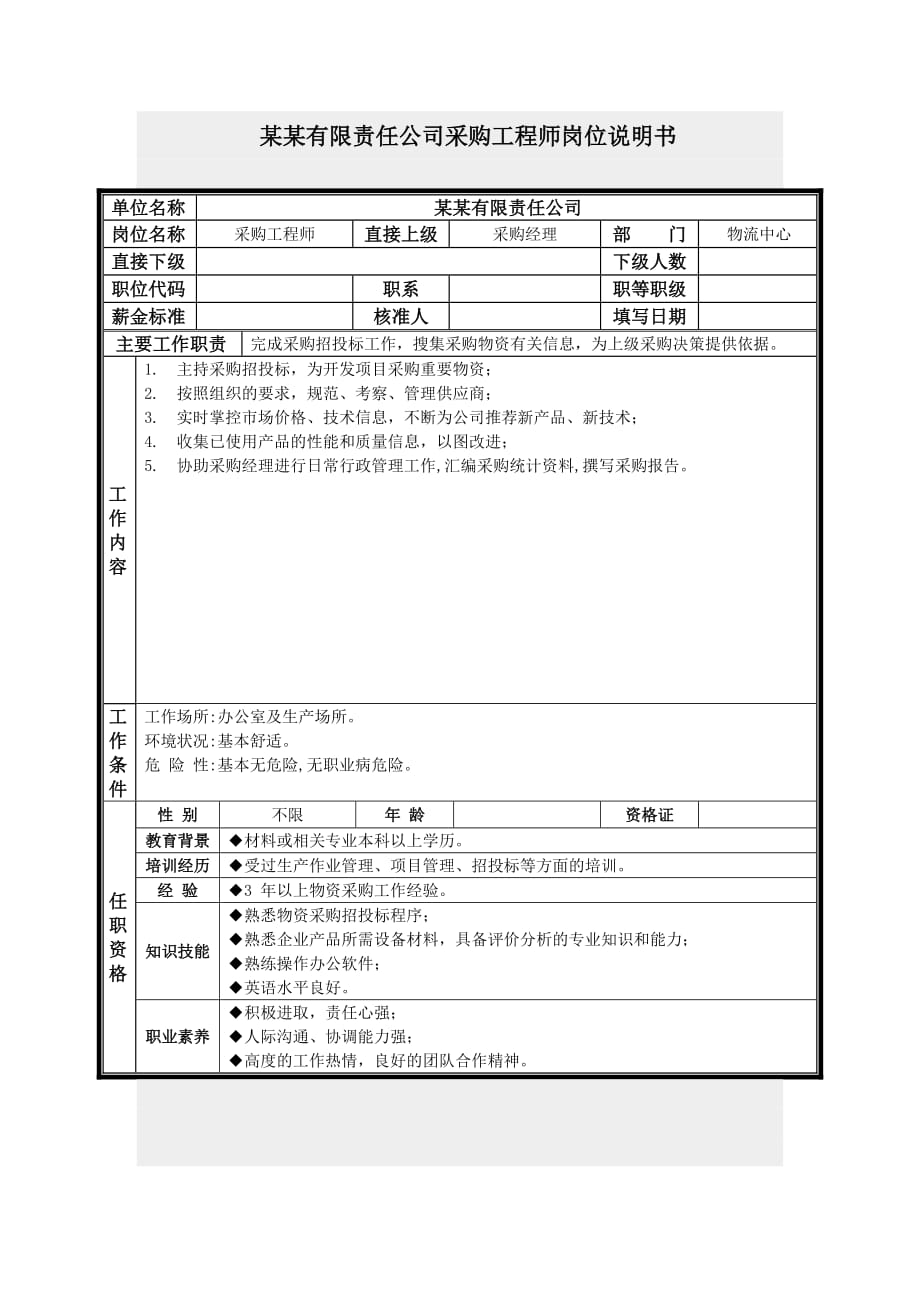 (2020年)企业采购管理采购工程师岗位说明书_第1页