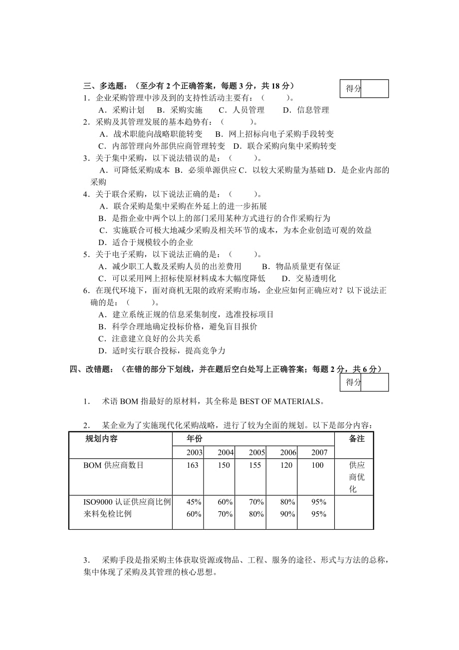 (2020年)企业采购管理采购管理考试试卷A某汽车学院_第2页