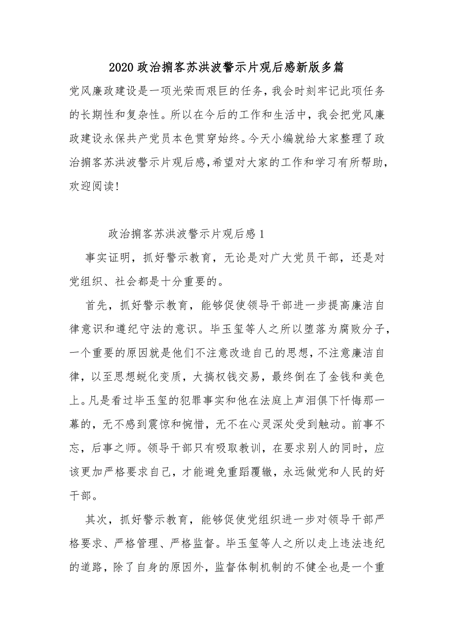 2020政治掮客苏洪波警示片观后感新版多篇_第1页