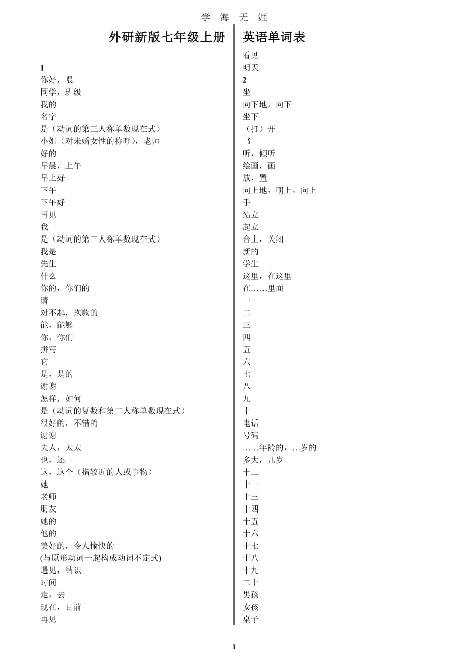 外研版七年级上册英语单词表中文（7月20日）.pdf_第1页