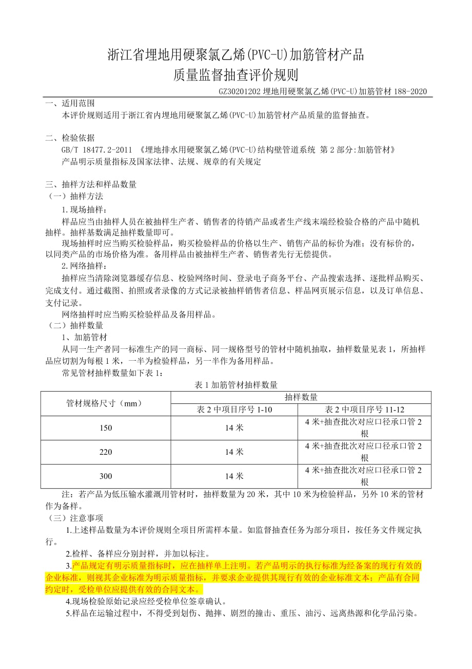 2020浙江省埋地用硬聚氯乙烯(PVC-U)加筋管材产品质量监督抽查评价规则_第2页