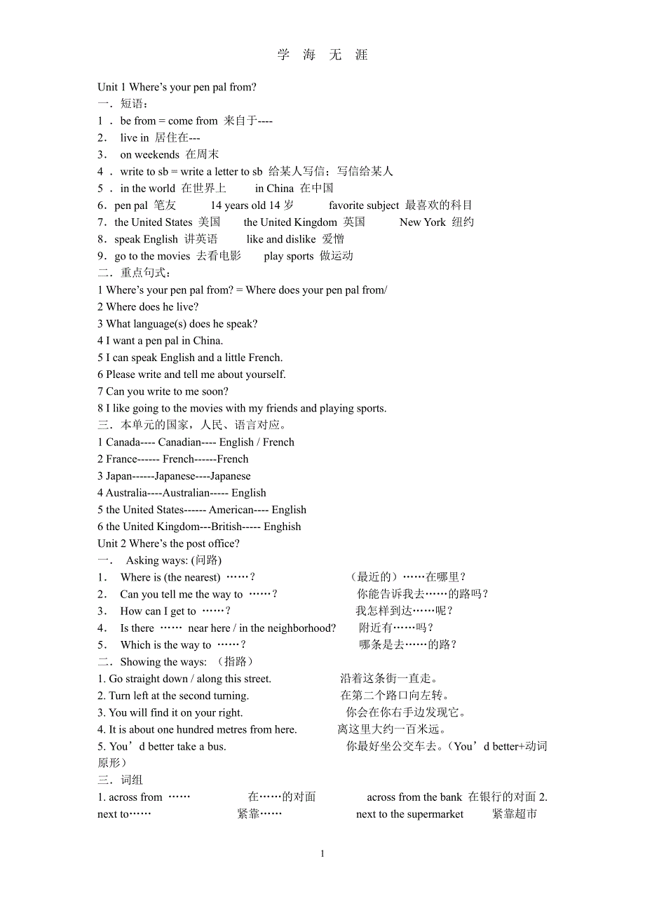 人教版七年级下册英语复习提纲（7月20日）.pdf_第1页