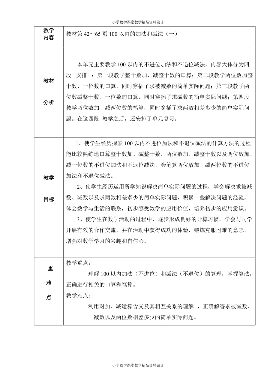 精品 最新苏教版小学数学一年级下册教案-第四单元100以内的加法和减法（一）-教材分析_第3页