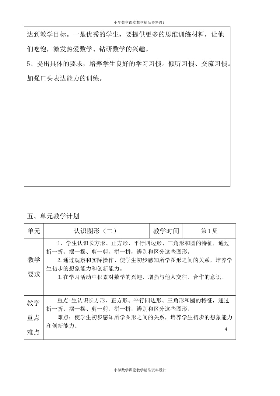 精品 最新人教版小学数学一年级下册教学计划(4)_第4页