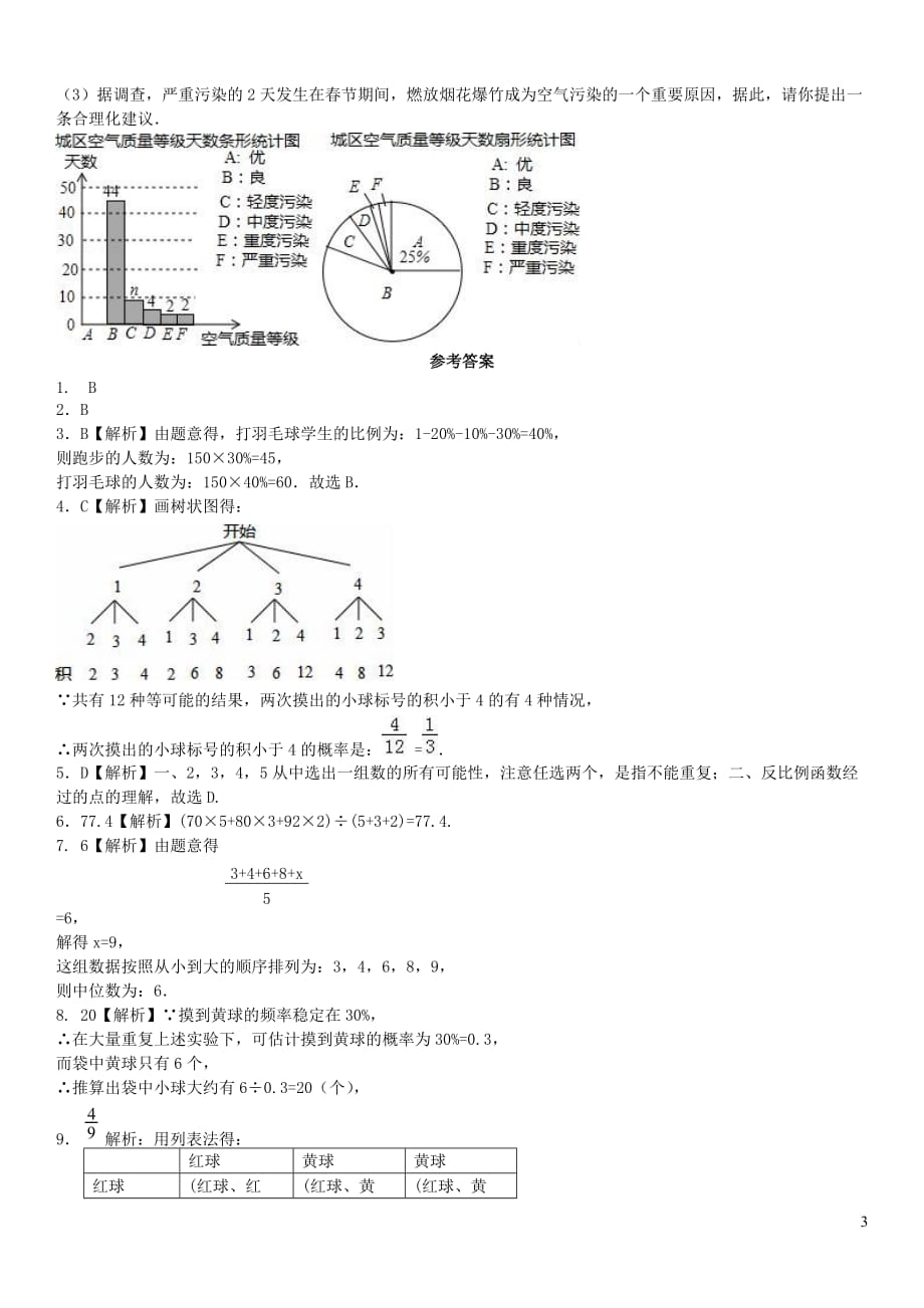 2020年中考数学复习方案基础专题训练二十统计与概率相关内容综合【含答案】_第3页