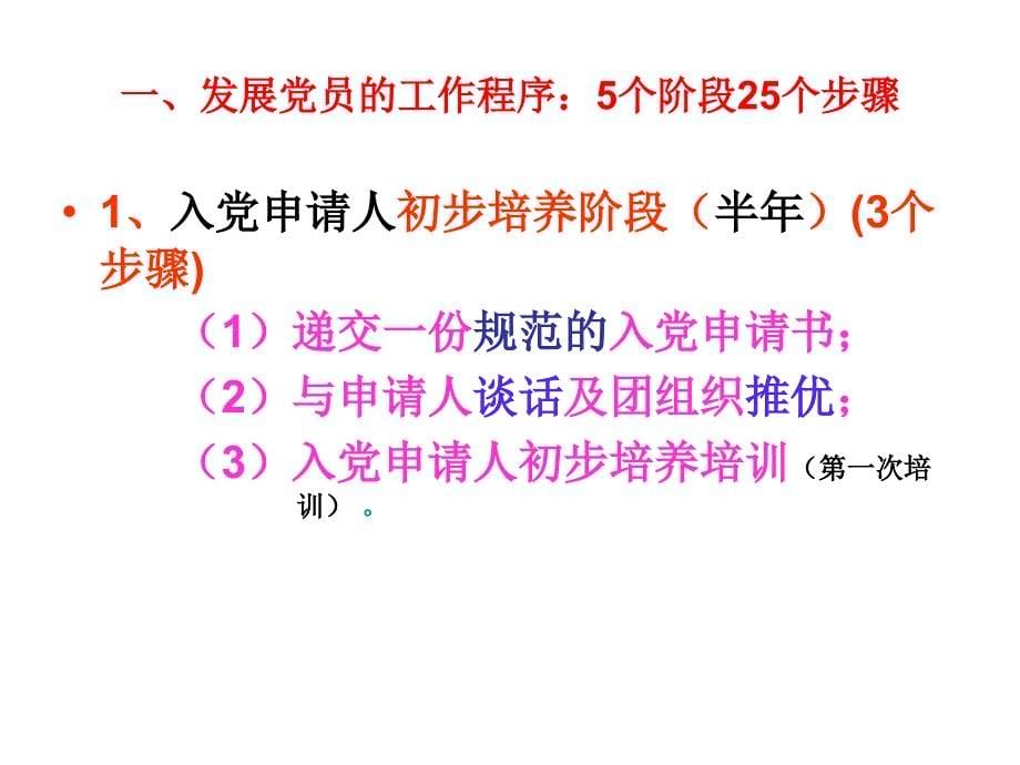 党课培训专题讲座《发展党员的工作程序及我校发展党员的工作要求》修改稿课件_第5页