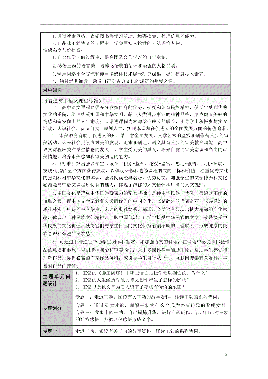 山东省济南市平阴县第一中学高一语文 一代诗杰话王勃主题单元设计 鲁教版.doc_第2页